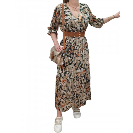 Robe longue femme kaki motifs tachetés briques noirs verts liseré doré