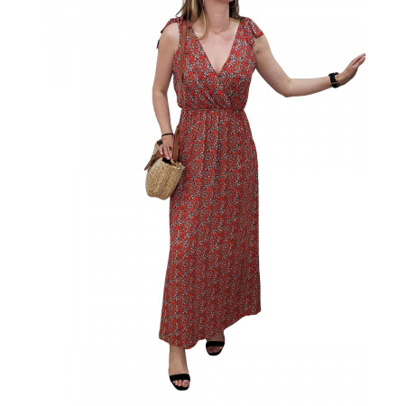 Robe longue coquelicots rouges liseré doré bretelles à noeuds