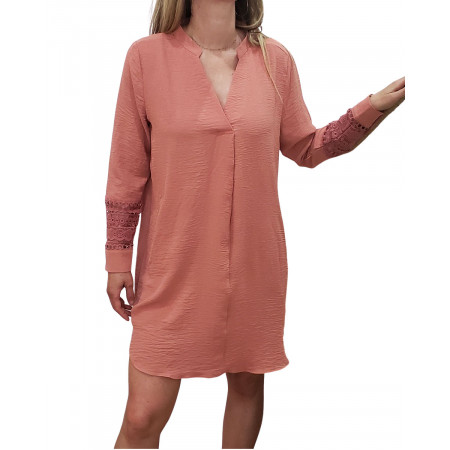 Robe droite femme rose blush manches brodées