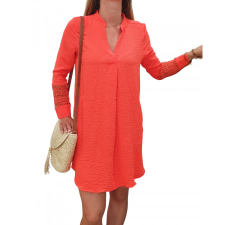 Robe droite femme corail fluo manches brodées