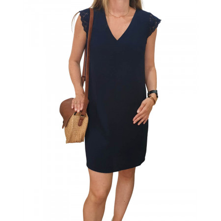 Robe femme droite bleu marine manches et dos dentelle