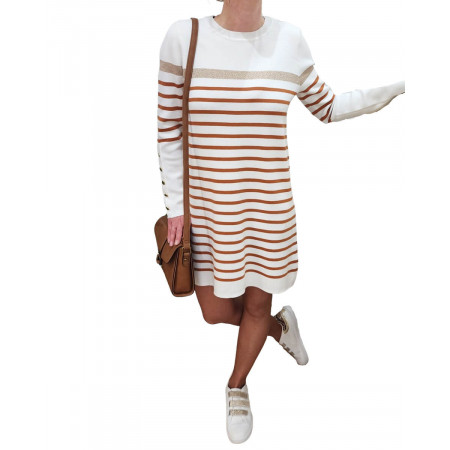 Robe pull femme marinière blanche rayures camel et dorées