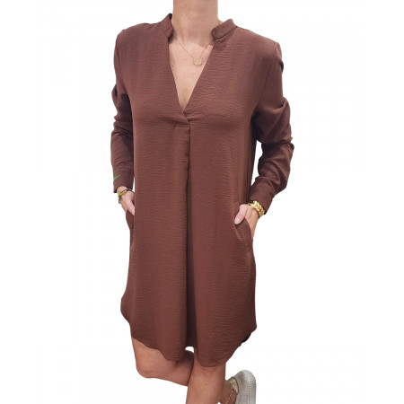 Robe femme droite fluide marron unie col mao