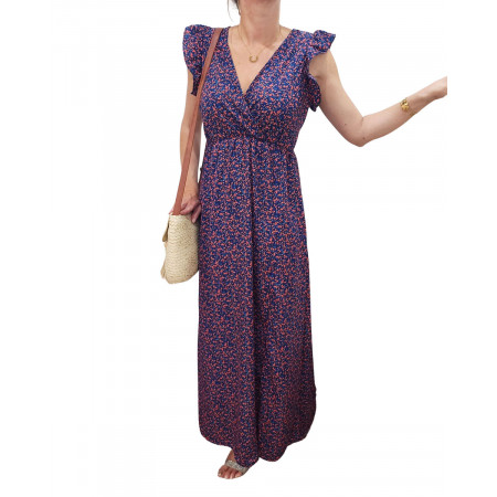 Robe longue femme fleurie marine et rouge Serena