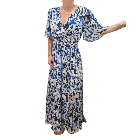 Robe longue femme bleue beige corail Regina