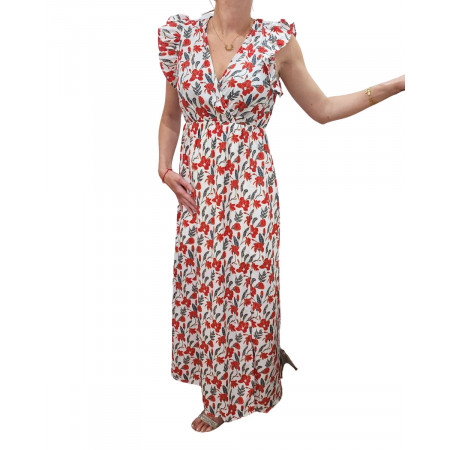Robe longue femme fleurie blanche et rouge Rebecca
