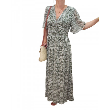 Robe longue femme kaki fleurs blanches et roses Heïdi