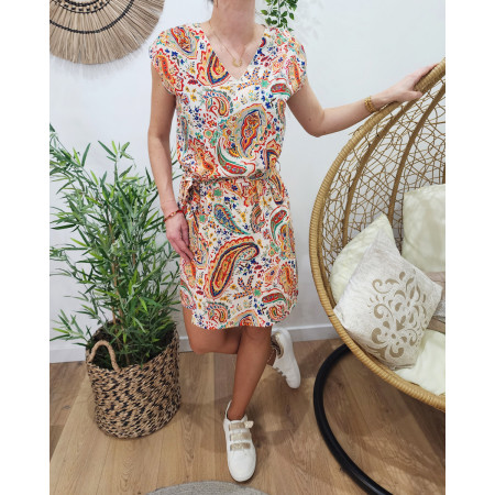 Robe femme droite imprimé cachemire rouge orangée