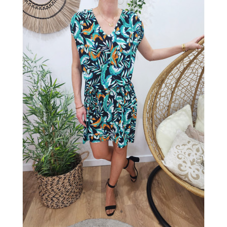 Robe femme droite noire feuillages verts oranges