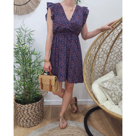 Robe courte femme fleurie marine et rouge Serena