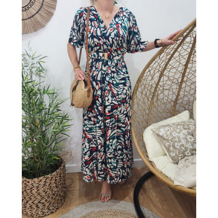 Robe longue femme marine motifs blancs bleu rouges Linda