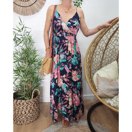 Robe longue femme marine fleurs vertes et roses blandine
