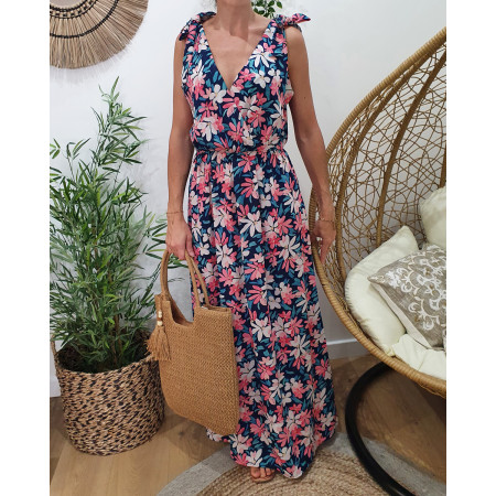 Robe longue femme marine fleurs roses et blanches Olga