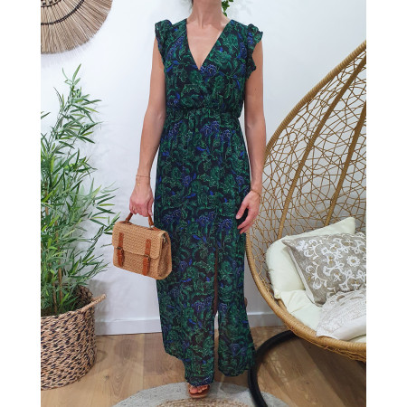 Robe longue femme noire feuillages bleus et verts Gwladys