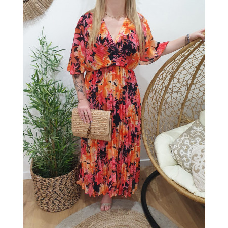 Robe longue plissée grande taille fleurie orange et rose