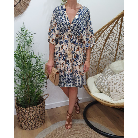 Robe bohème courte beige et bleue Manolia