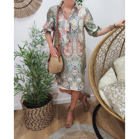 Robe femme droite satinée cachemire verte Lucia