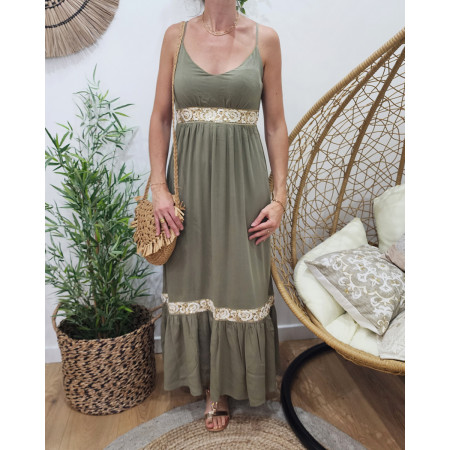 Robe longue femme kaki bohème à broderies dorées Rosella