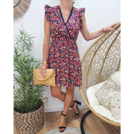 Robe femme marine fleurs roses orangées Florentina