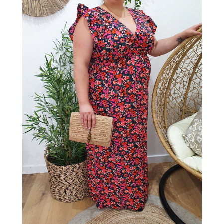 Robe longue femme marine fleurs roses orangées Florentina