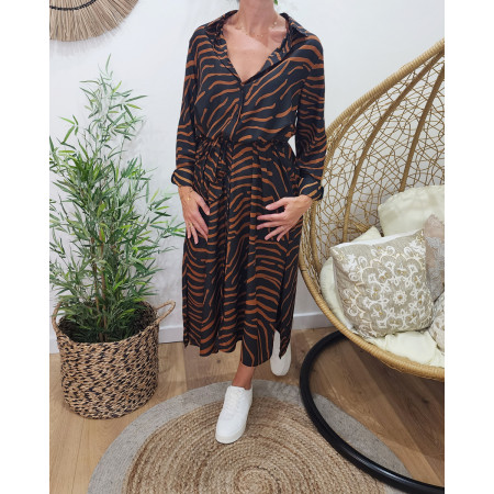 Robe longue femme noire zebrée camel