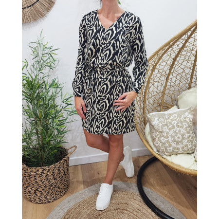 Robe femme droite noire et écrue manches longues Hailey