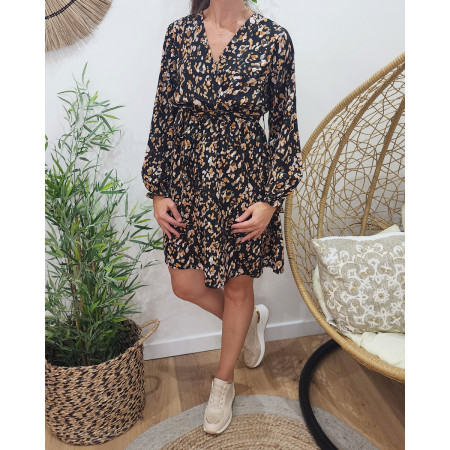 Robe femme droite noire tacheté orangé vieux rose Rosélie