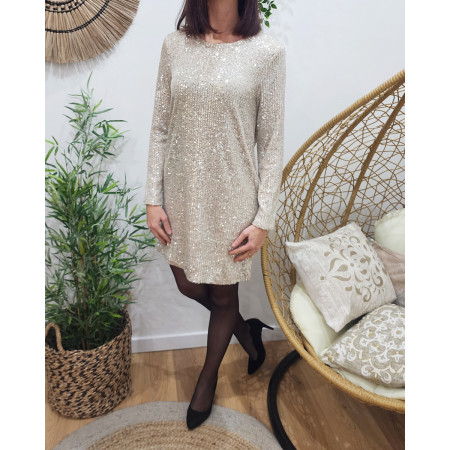 Robe femme beige sequins argentés