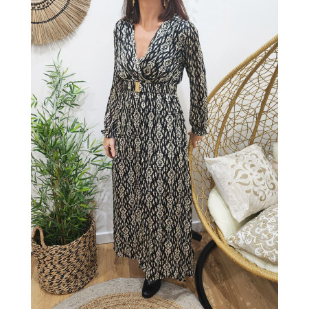 Robe femme longue noire liseré doré motif blanc et gris Marisa