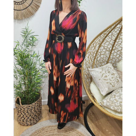Robe femme longue noire liseré doré motif rose rouge et beige Abriana