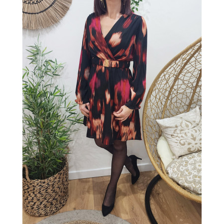 Robe femme noire liseré doré motif rose rouge et beige Abriana