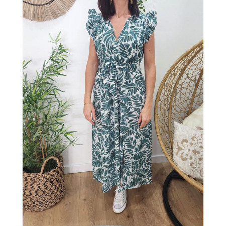 Robe longue femme écru feuillage vert
