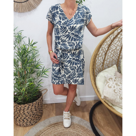Robe femme écru feuillage bleu