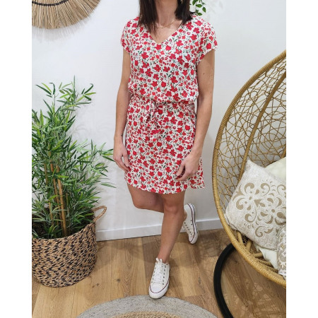 Robe femme blanche fleurs rouges Fernande