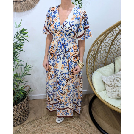 Robe longue femme beige motifs bleus orangés Donatella