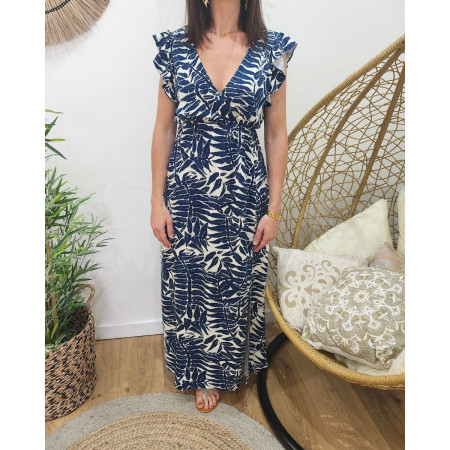 Robe longue femme écrue feuillages marines