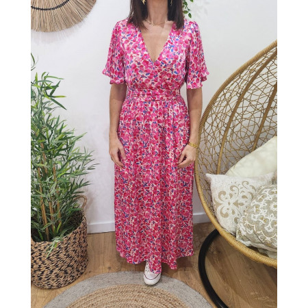 Robe longue femme écrue motifs roses fuchsia et bleus Isia