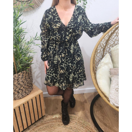 Robe femme verte et noir motif animalier Sanna