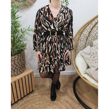 Robe femme motifs noirs beiges et marrons Maliana