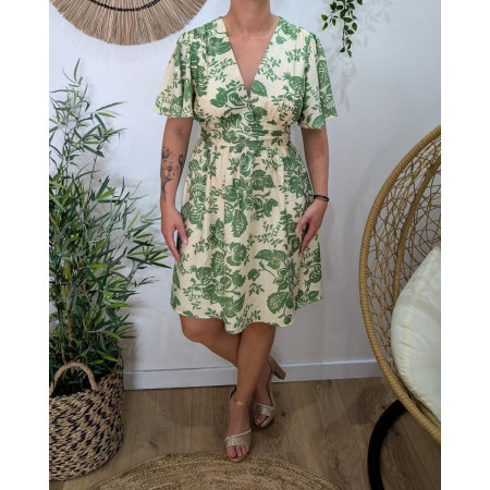 Robe femme beige et vert manches volantes