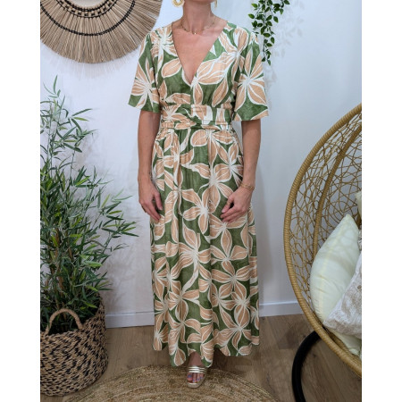 Robe longue femme vertes fleurs beiges et écrues Syrah