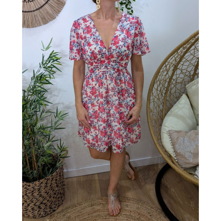 Robe femme blanche fleurs fuchsia bleu mauves Eïra