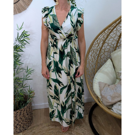 Robe longue femme écru feuillages verts Maëlya