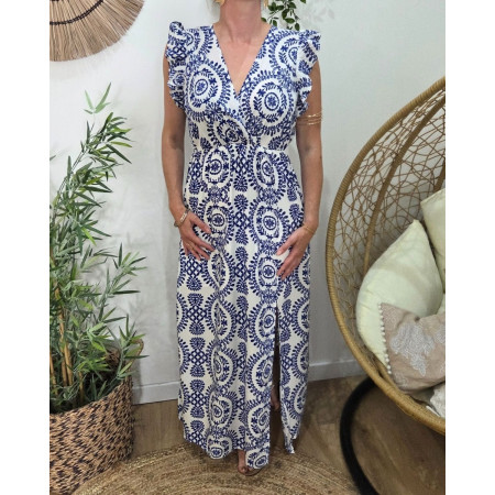 Robe longue femme blanche et bleue Onaëlle
