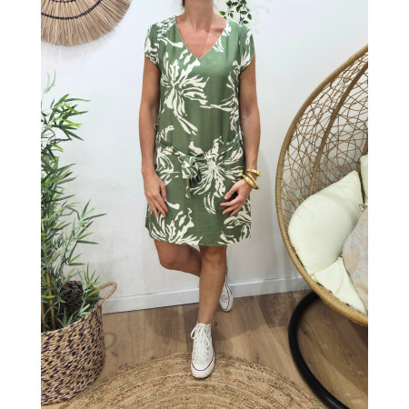 Robe femme droite verte fleurs beiges Augustine