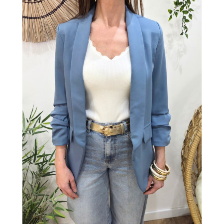 Blazer femme manches plissées bleu jean
