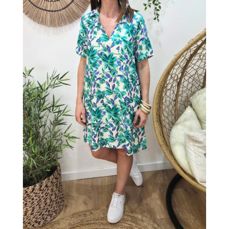  Robe femme droite écru fleurs bleus et vertes manches brodées Amédéa