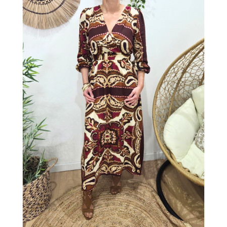 Robe longue femme bordeaux motifs prunes camels et beiges Malia