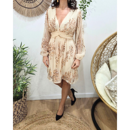 Robe femme beige à sequins cuivrés Holly