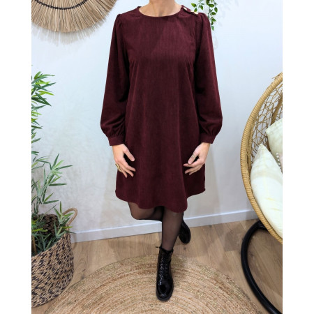 Robe femme rouge bordeaux velours côtelé boutons dorés épaule
